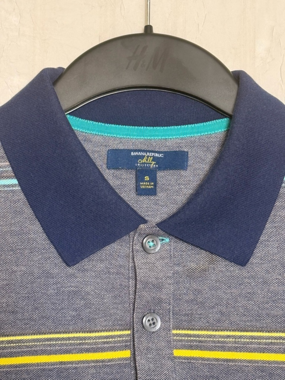 Banana Republic Navy-Collar Grey Polo with Yellow Stripe Detail